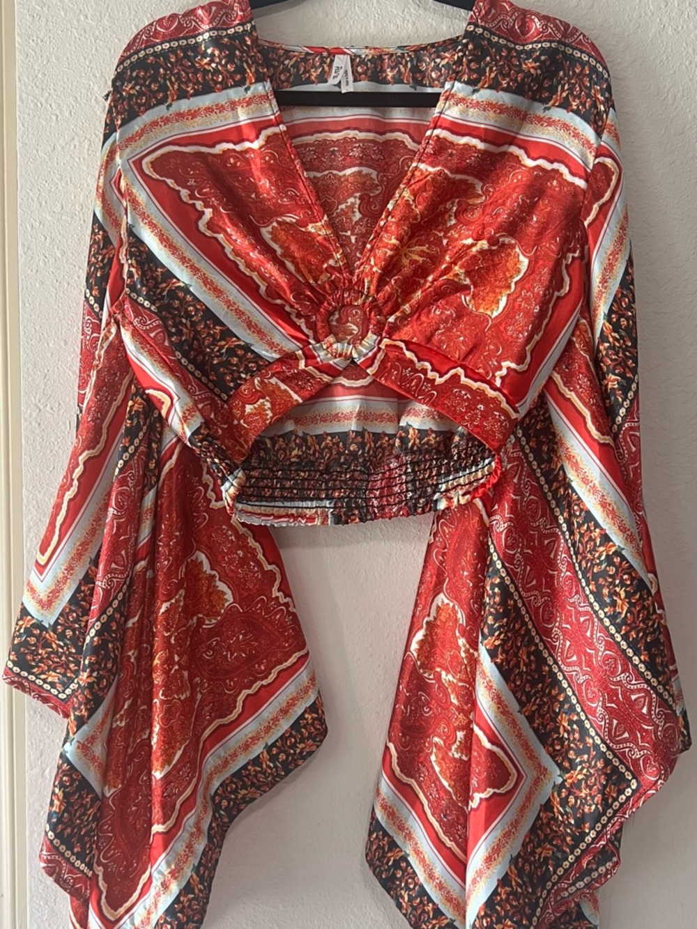 Truth NYC Red Paisley Twist-Front Crop Top with Black Accents